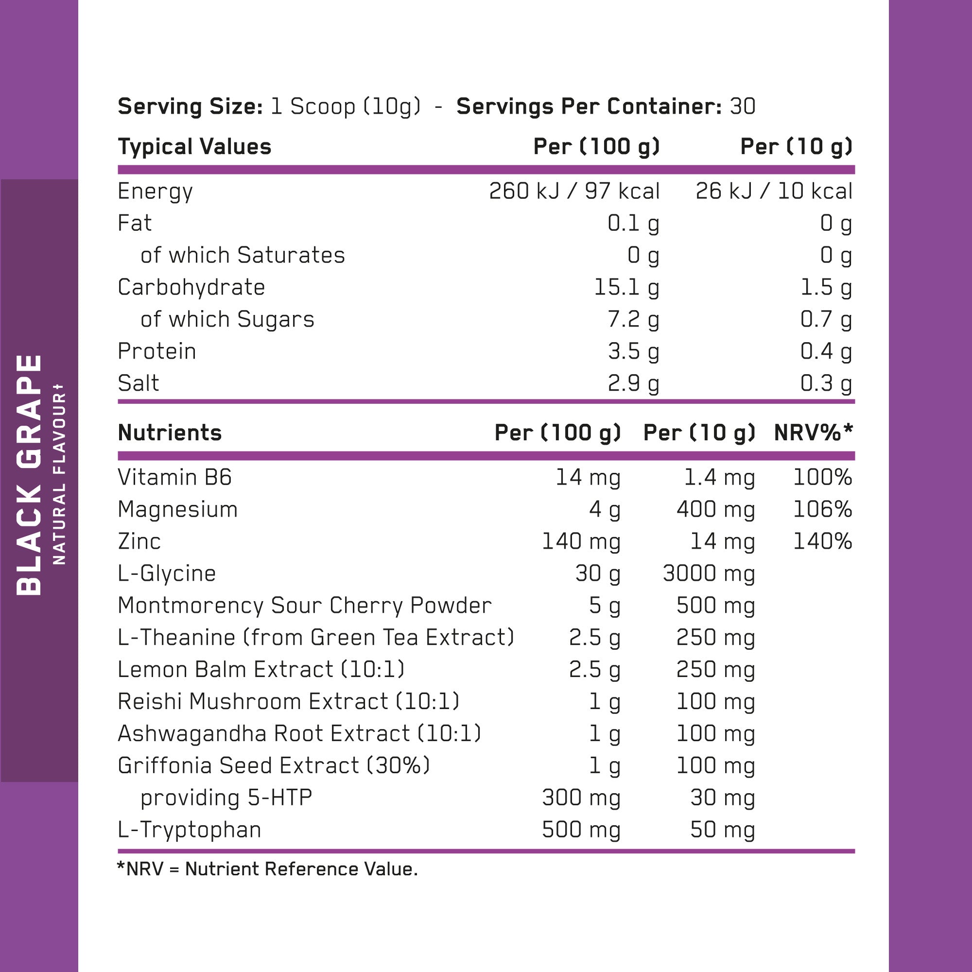 Applied Nutrition Sleep Support Supplement 300g nutritional information and ingredient label