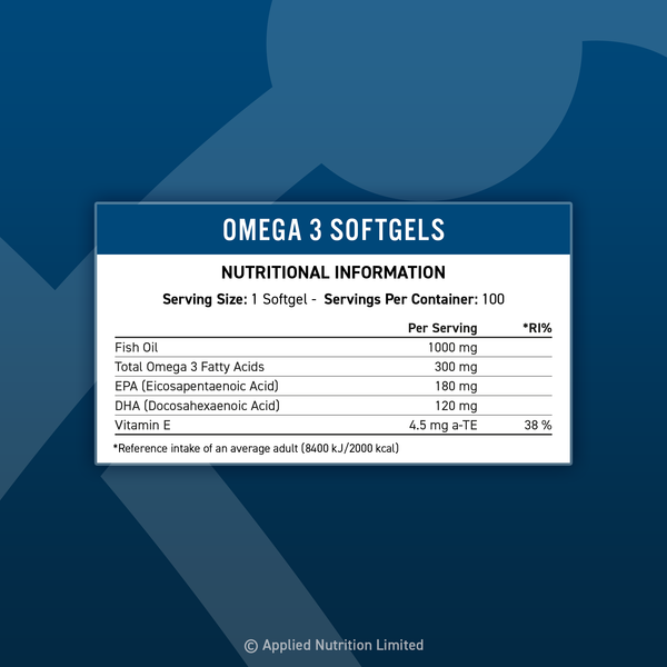 Applied Nutrition Omega-3 softgels nutritional information panel with EPA and DHA content