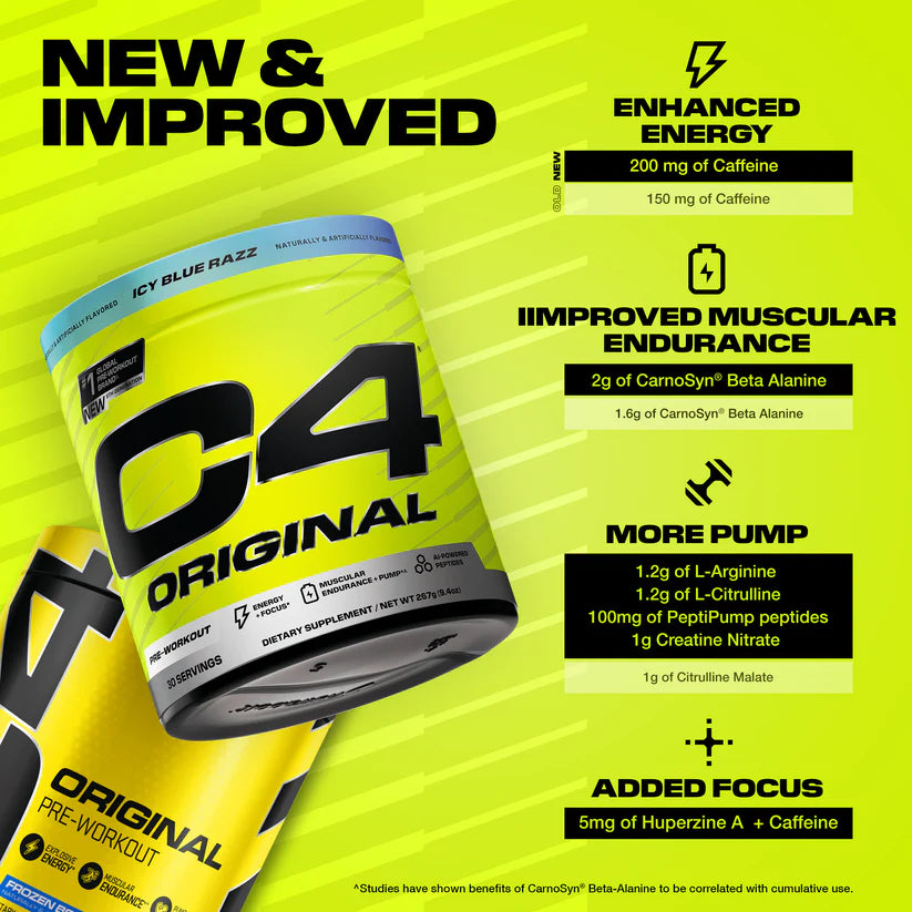C4 Original Pre-Workout supplement product angle view showing formula and flavor options display