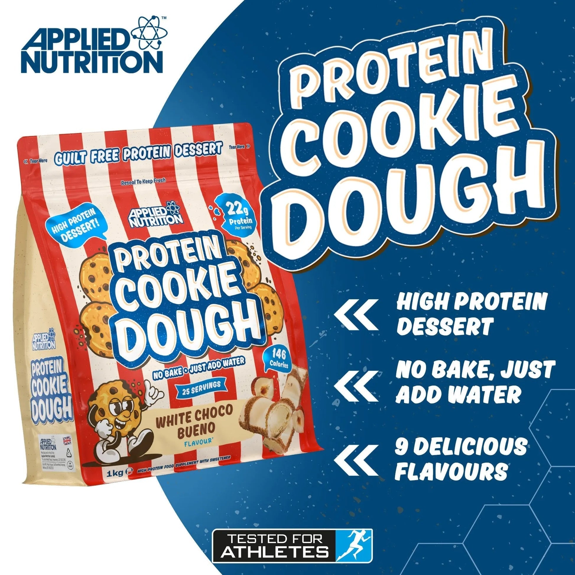 Protein Cookie Dough 1kg White Choco Bueno supplement packaging lifestyle product image