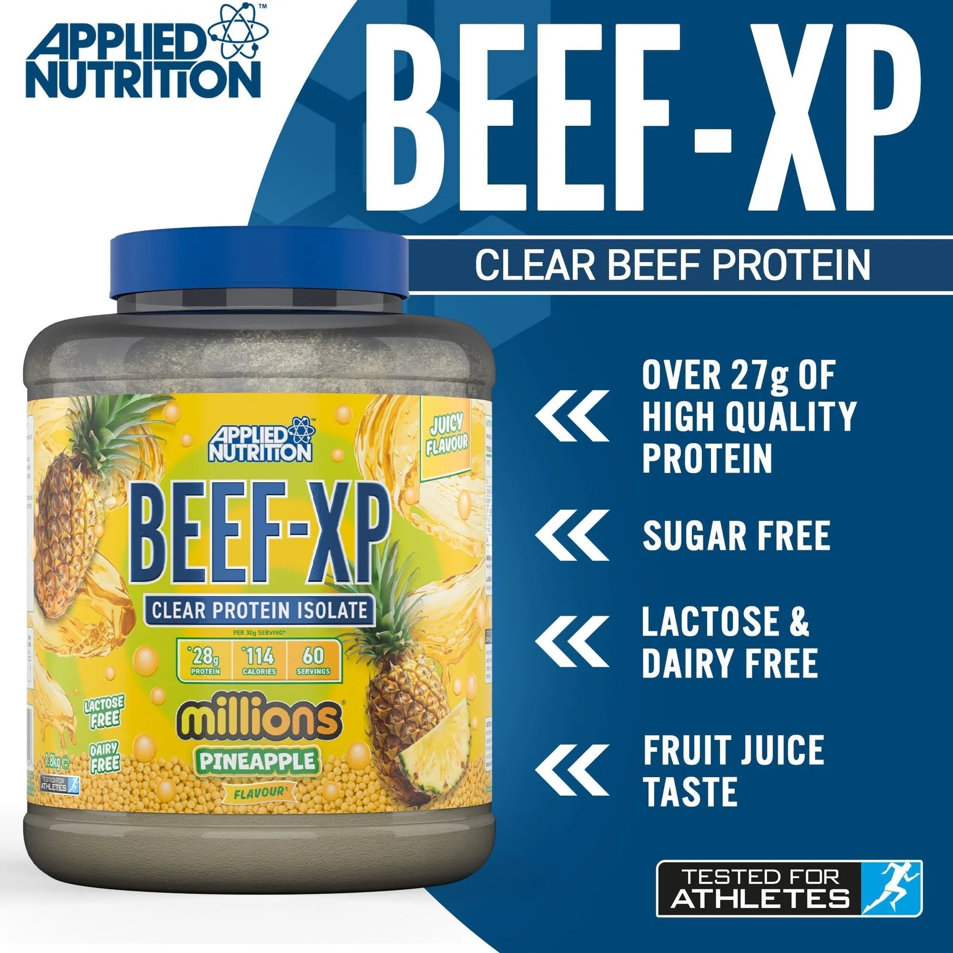 BEEF-XP Pineapple clear beef protein isolate product lifestyle and packaging detail view