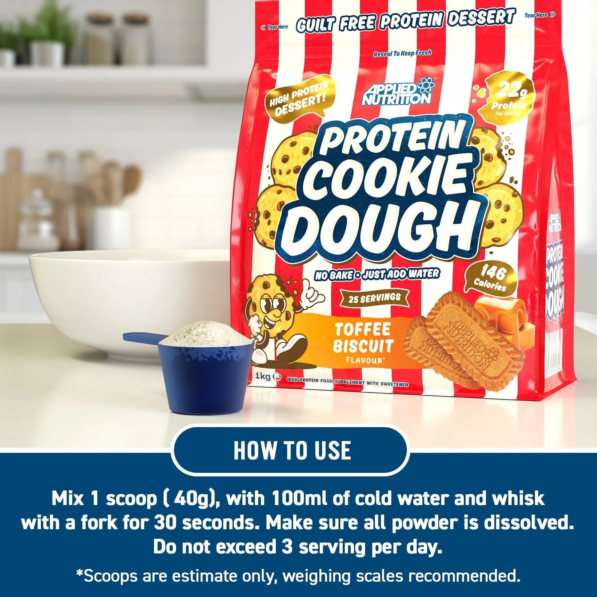 Protein Cookie Dough Dessert supplement tub side panel with directions and nutritional info