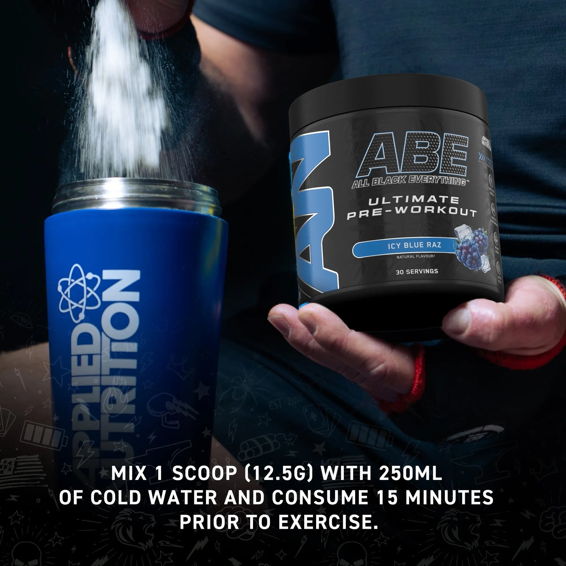 ABE All Black Everything pre-workout supplement facts label with ingredient breakdown per serving