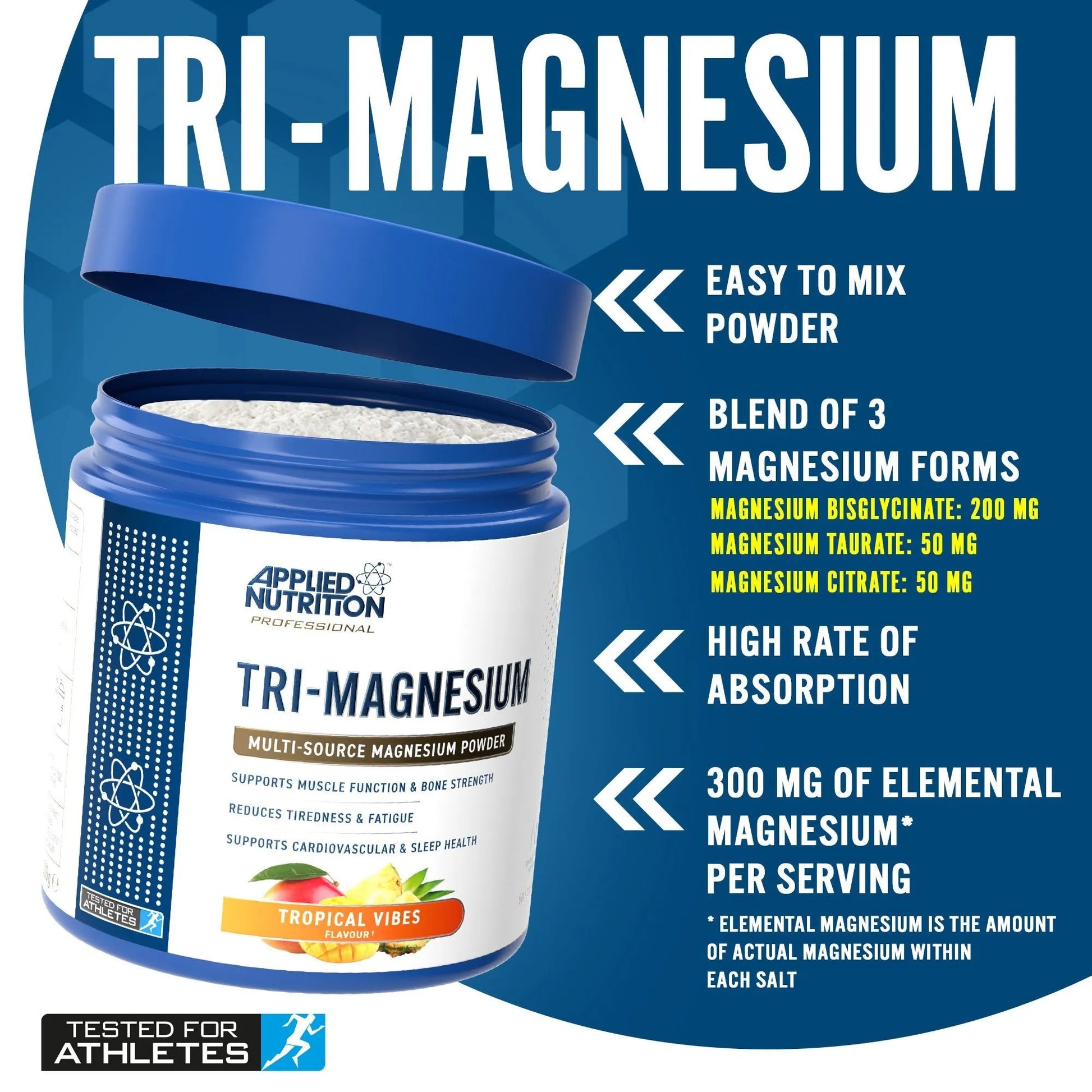 Applied Nutrition Tri-Magnesium Powder 200g Tropical flavour, bioavailable magnesium blend for relaxation
