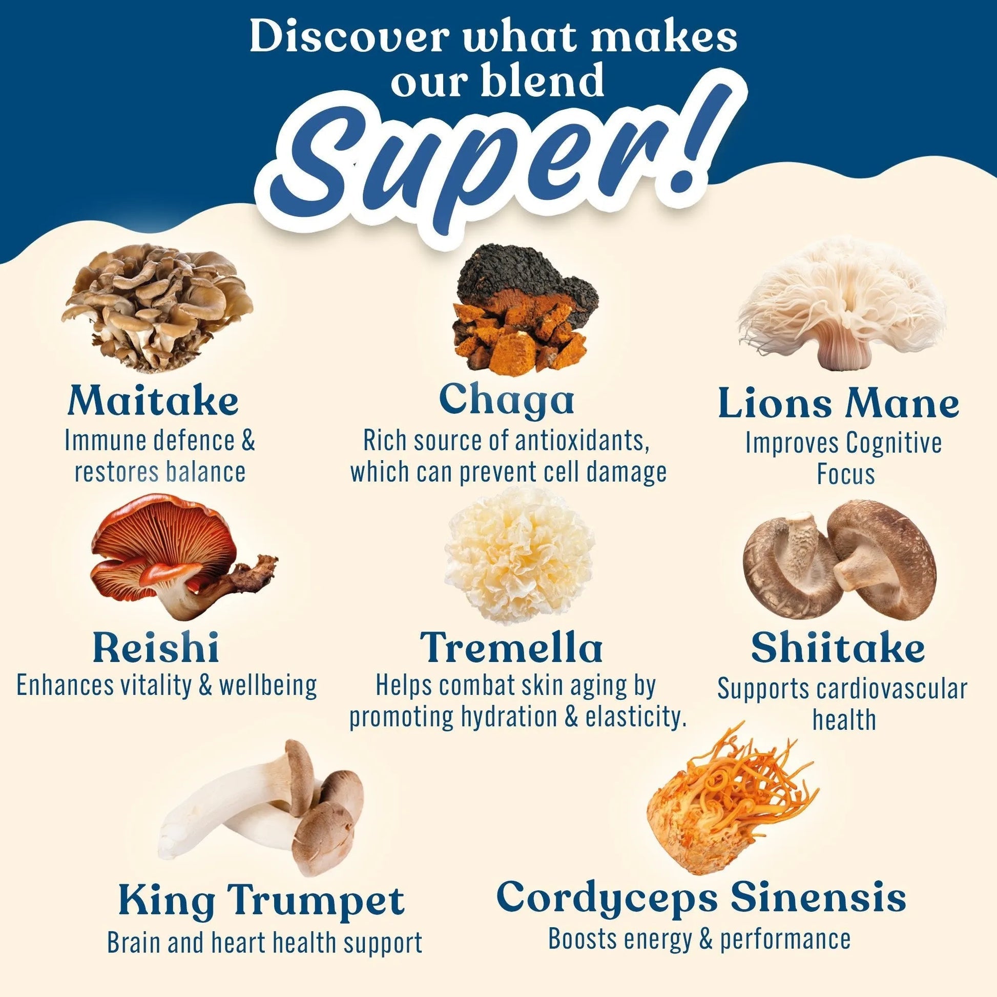 Applied Nutrition Mushroom Superblend 160g product detail showing functional mushroom blend ingredients