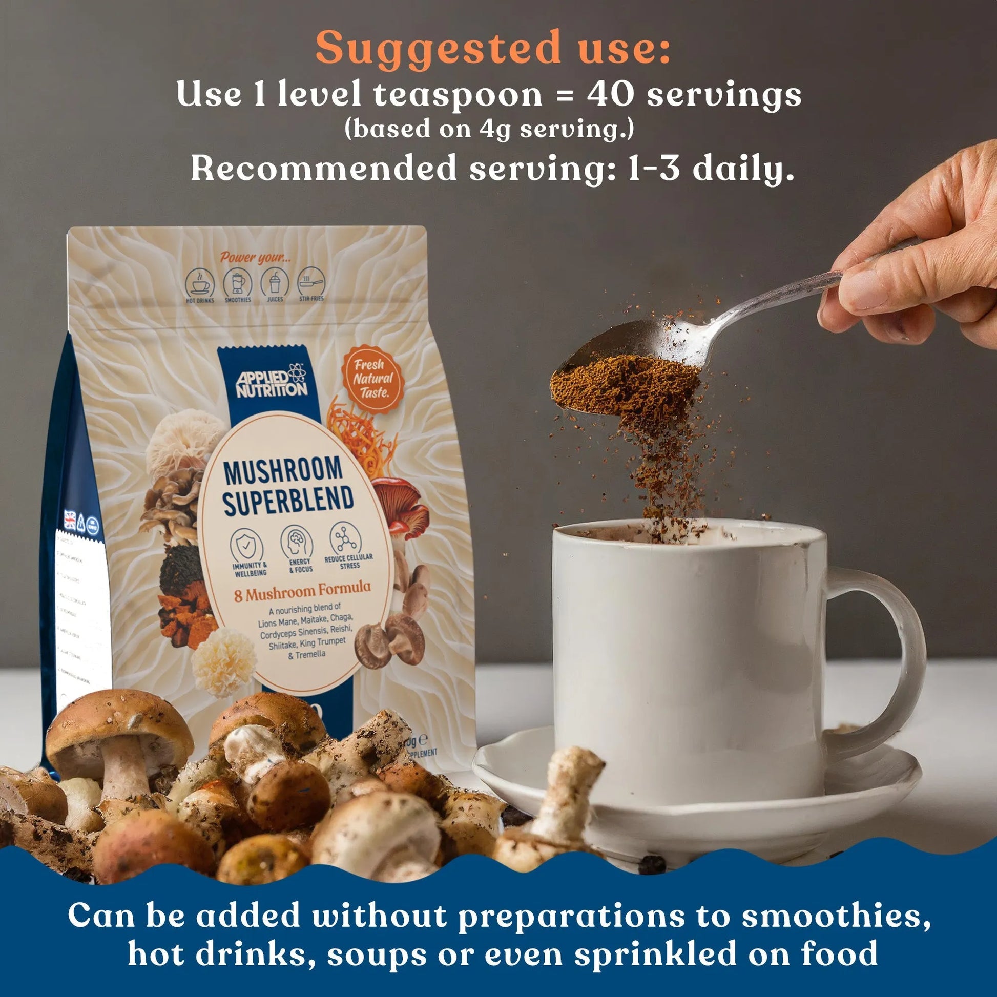 Applied Nutrition Mushroom Superblend 160g lifestyle product image showcasing adaptogenic blend benefits