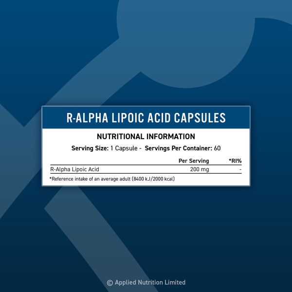 Applied Nutrition R-ALA capsules supplement facts nutritional panel with dosage information