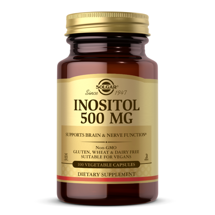 Solgar Inositol 500 mg vegetable capsules front view supplement bottle white label