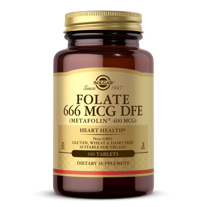 Solgar Folate 666 MCG DFE tablets with Metafolin 400 MCG front view supplement bottle