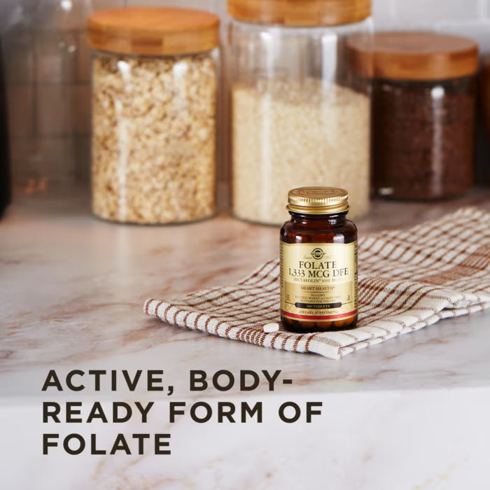 Solgar Folate 800mcg Metafolin tablet close-up showing bioavailable methylfolate supplement form