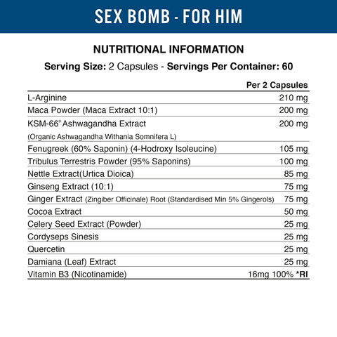 Applied Nutrition Sex Bomb For Him supplement facts nutritional label and ingredient details
