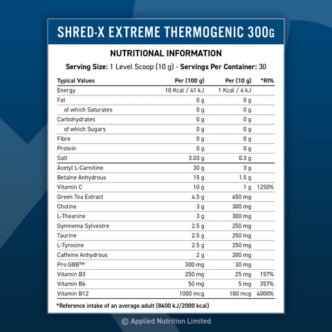 Applied Nutrition Shred-X Extreme Thermogenic 300g fat burner supplement facts nutrition label