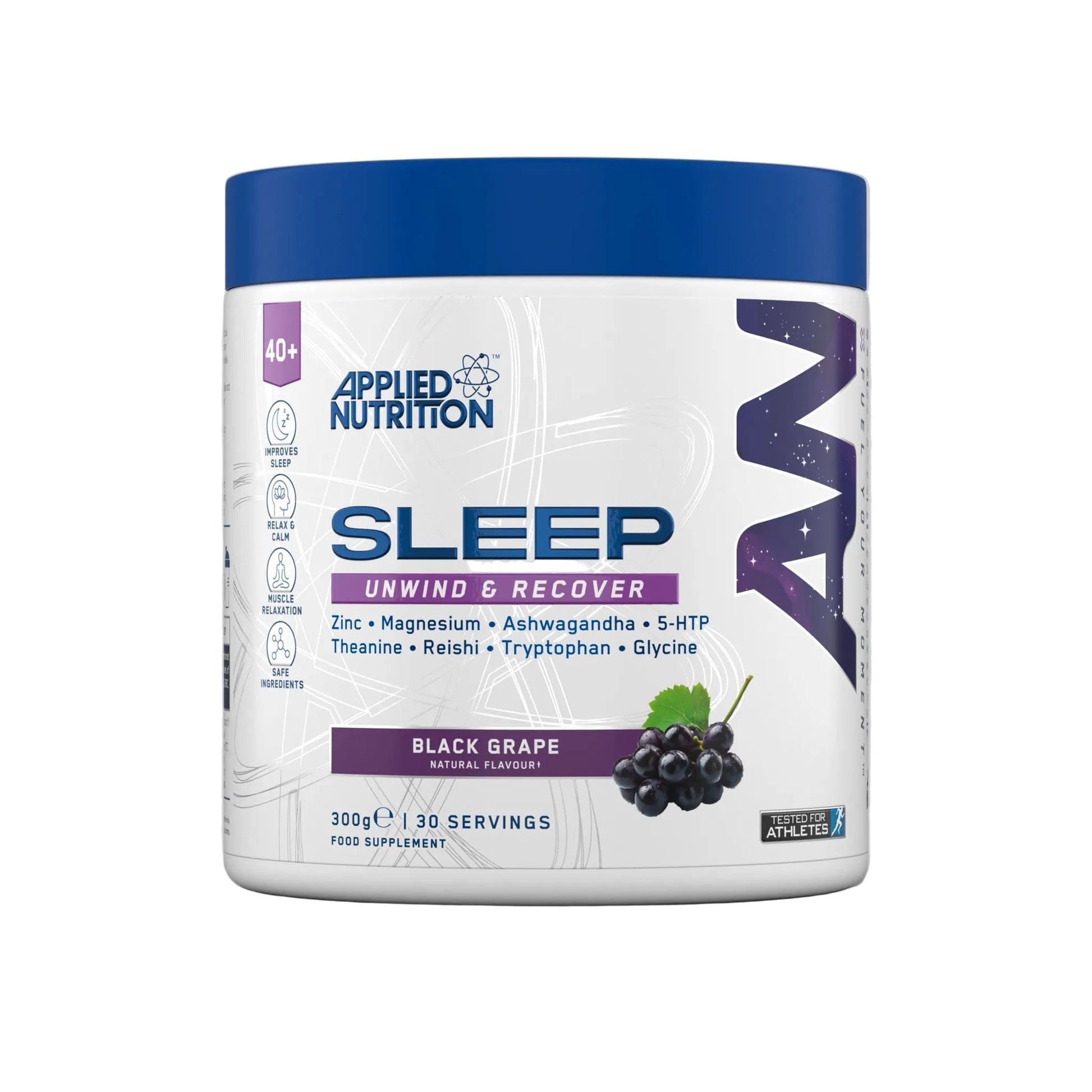 Applied Nutrition Sleep Support Black Grape 300g powder tub close-up product detail shot