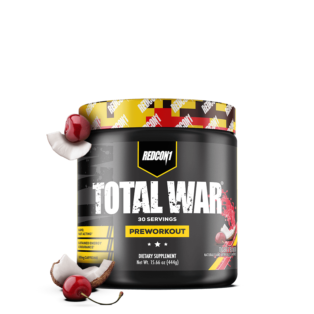 Redcon1 Total War Pre-Workout Tigers Blood flavor 30 servings tub front packaging view