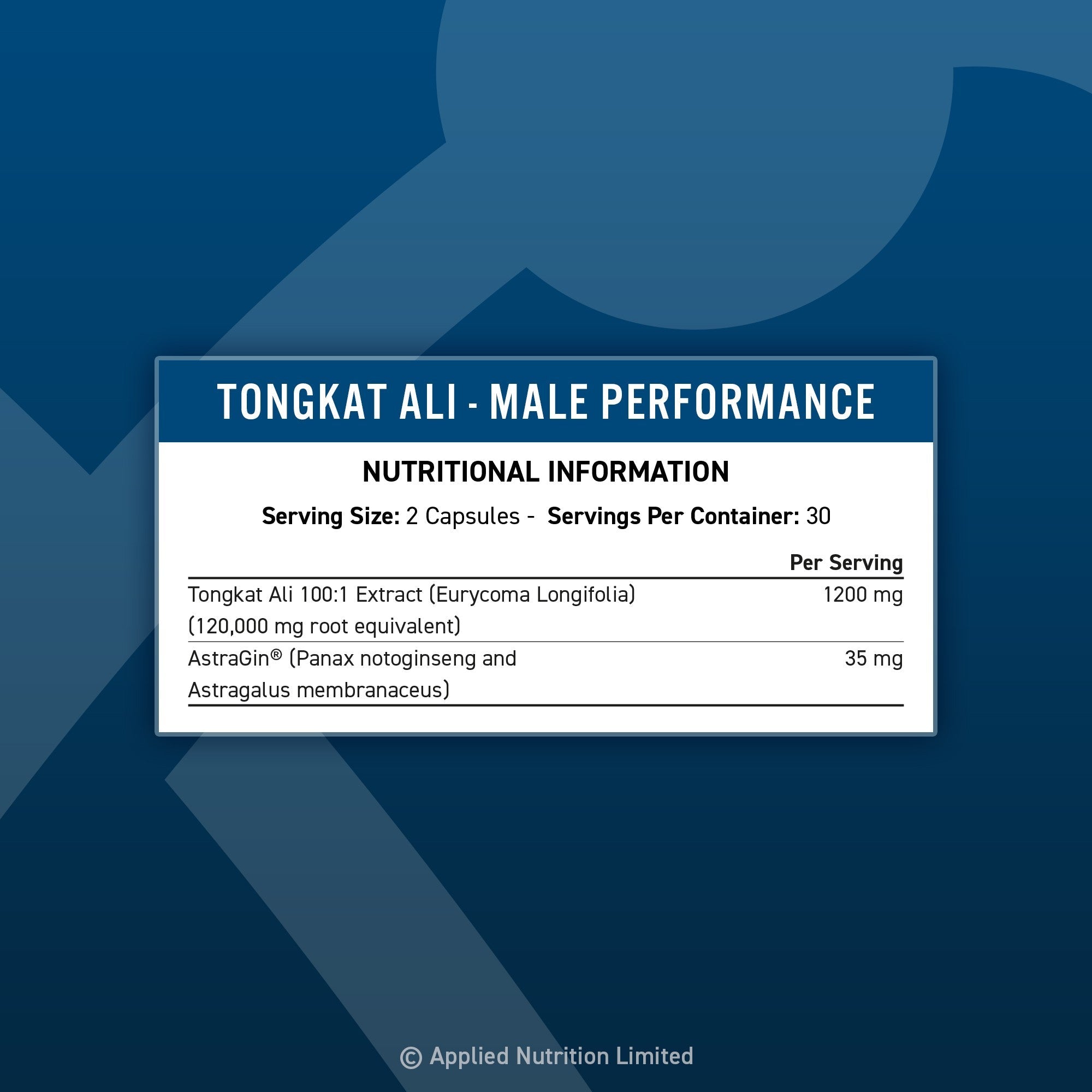 Tongkat Ali Long Jack 1200mg 60 capsules supplement facts panel with nutritional information