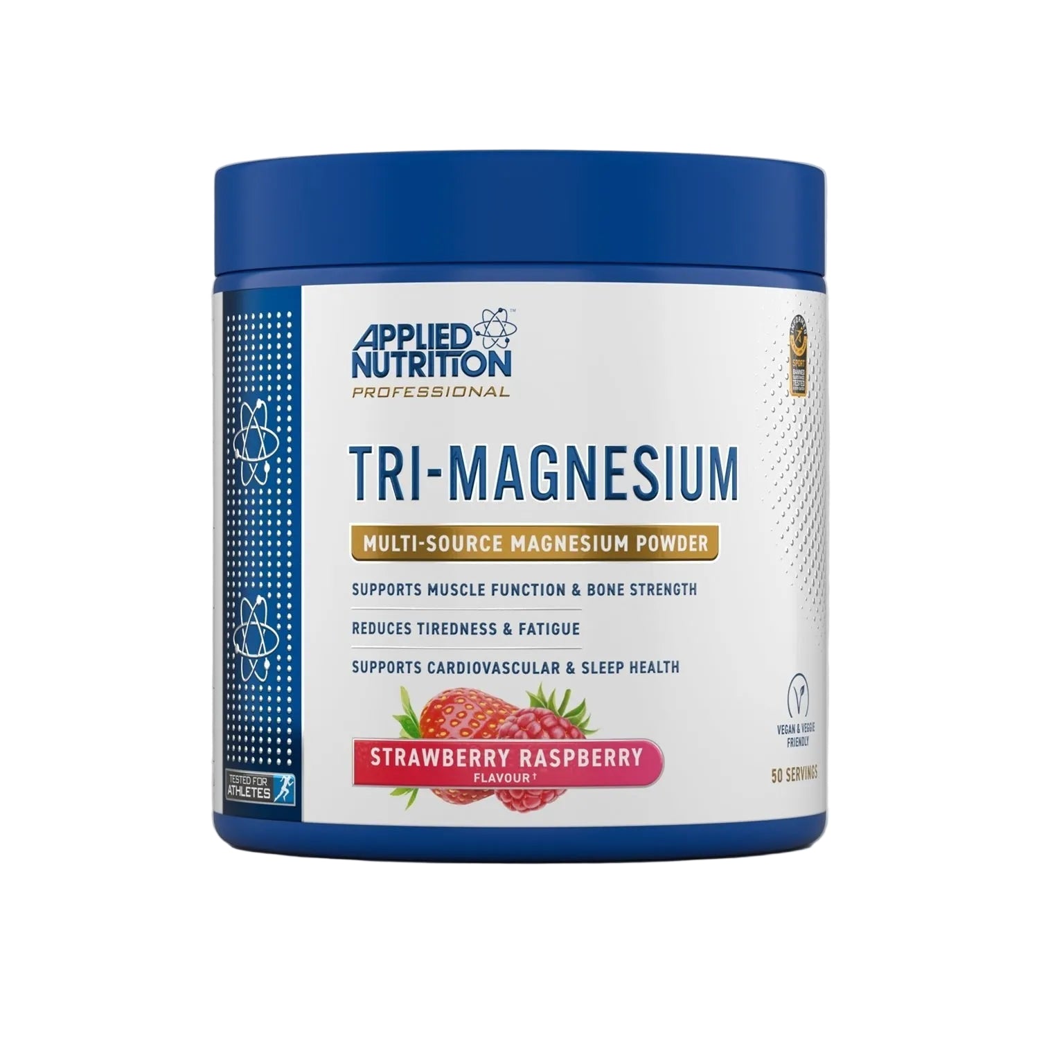 Applied Nutrition Tri-Magnesium 200g Strawberry Raspberry close-up packaging detail, daily magnesium supplement