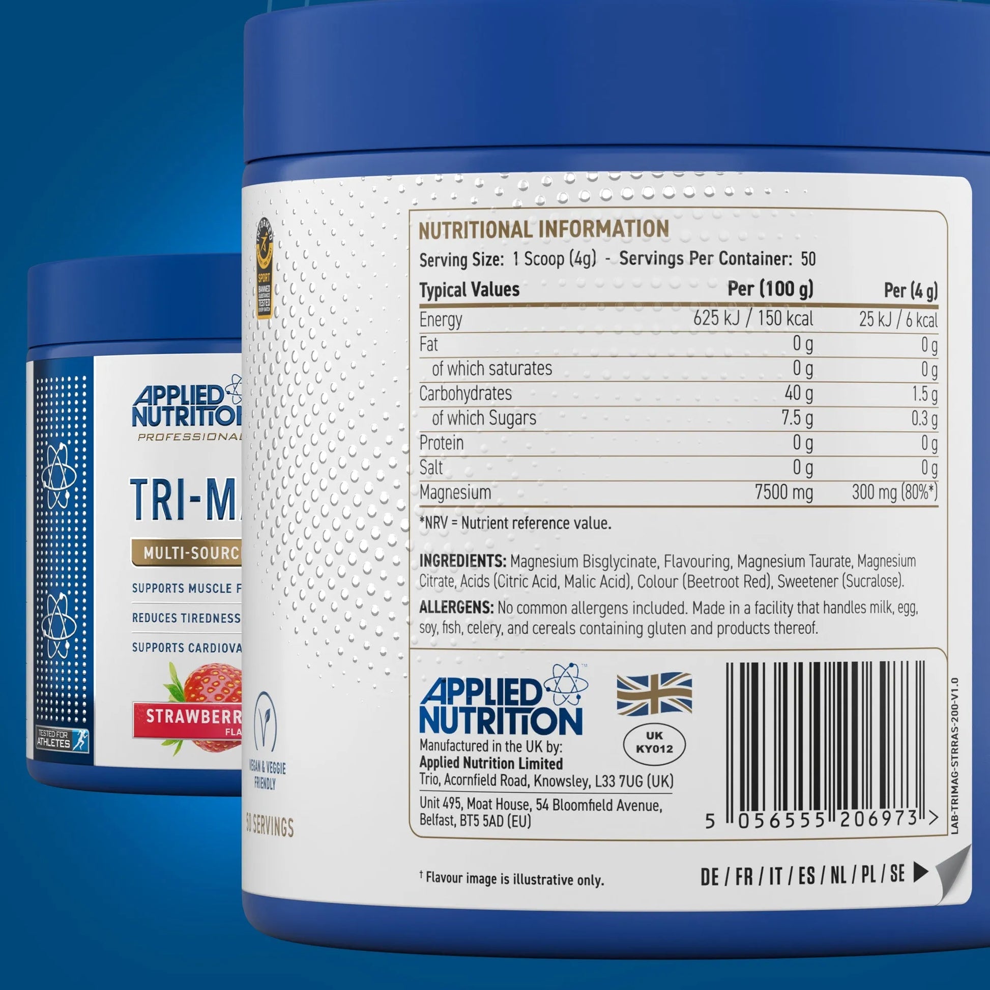 Applied Nutrition Tri-Magnesium 200g Strawberry Raspberry with barcode, triple-form magnesium powder supplement