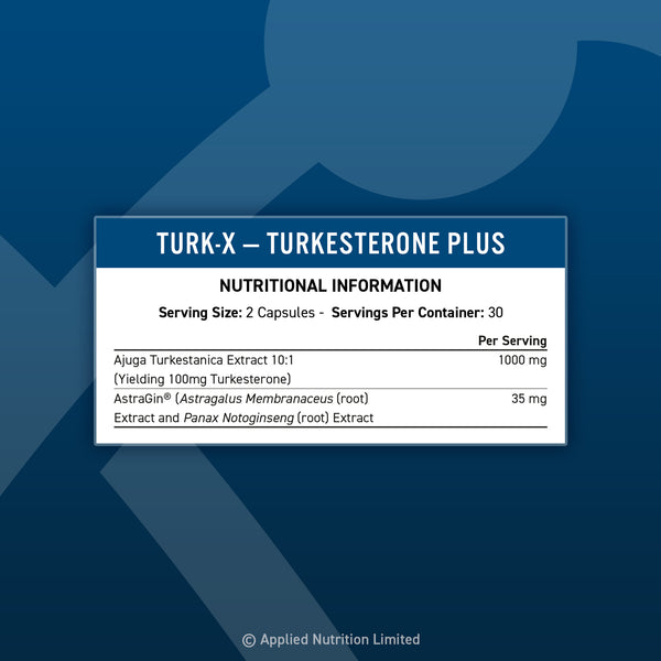 Turk-X Turkesterone Plus capsules supplement facts label with serving size and ingredient details