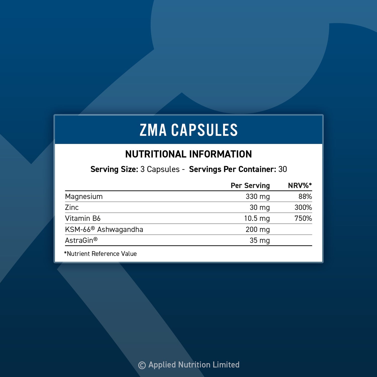 ZMA capsules supplement facts label showing zinc magnesium B6 and ashwagandha dosage per serving