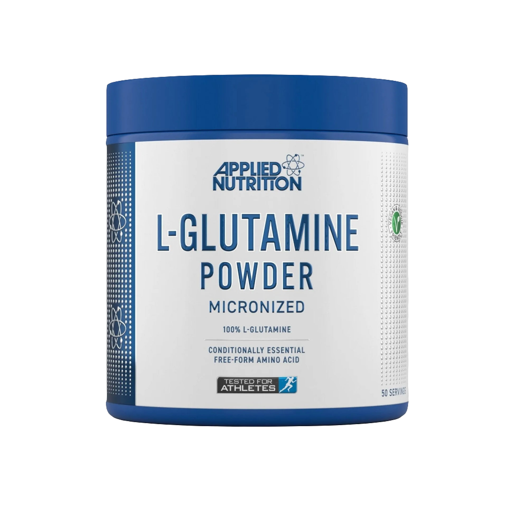 Applied Nutrition L-Glutamine Powder front packaging, pure amino acid supplement for muscle recovery