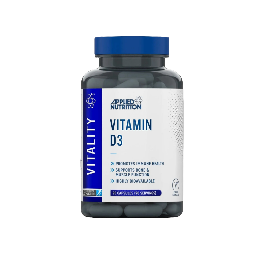 Applied Nutrition Vitamin D3 Capsules front packaging, daily vitamin D supplement for bones and immunity