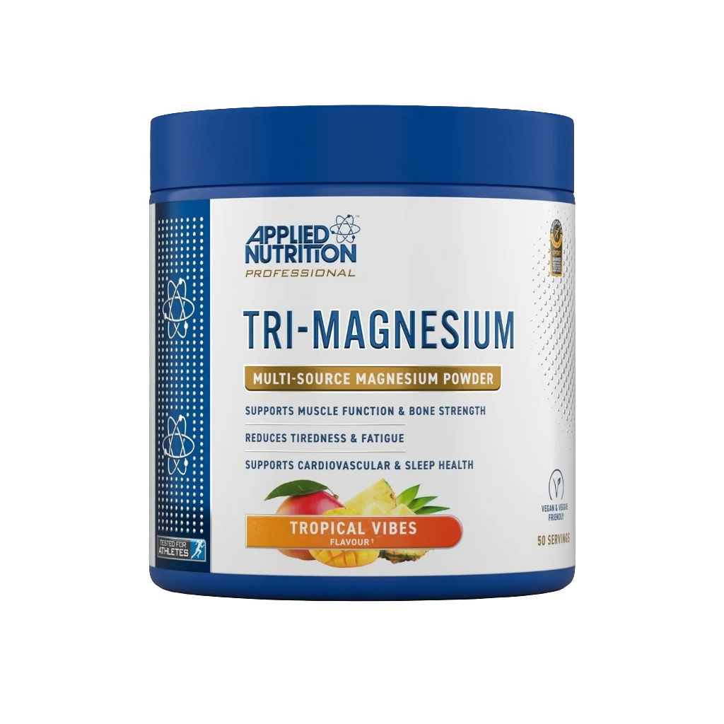 Applied Nutrition Tri-Magnesium Powder front packaging, three-form magnesium supplement for sleep and recovery