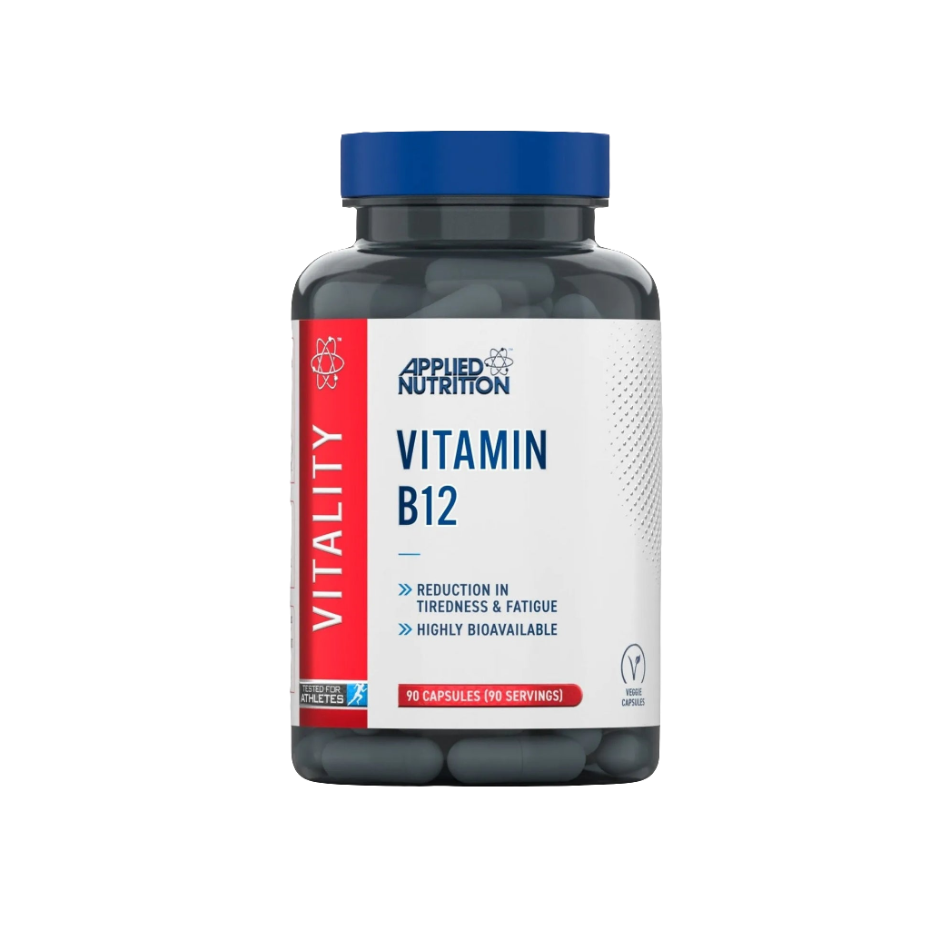 Applied Nutrition Vitamin B12 Capsules 90 servings front packaging, energy and nervous system support supplement