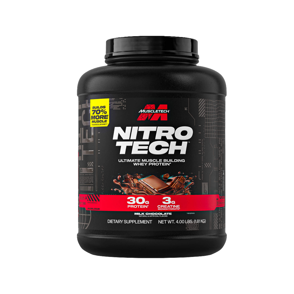 MuscleTech Nitro Tech Whey protein powder 4lb tub main product front packaging view