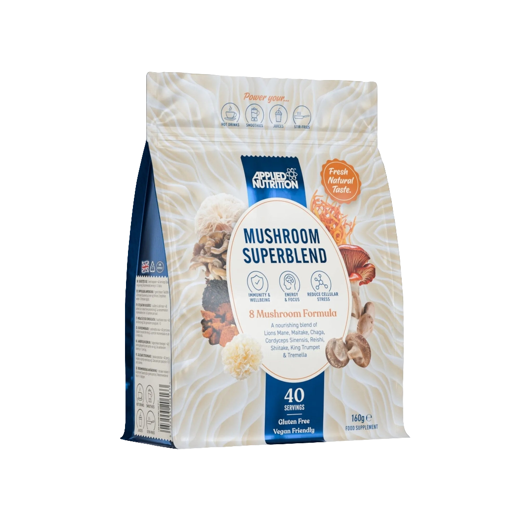Applied Nutrition Mushroom Superblend 160g front packaging, functional mushroom powder blend supplement