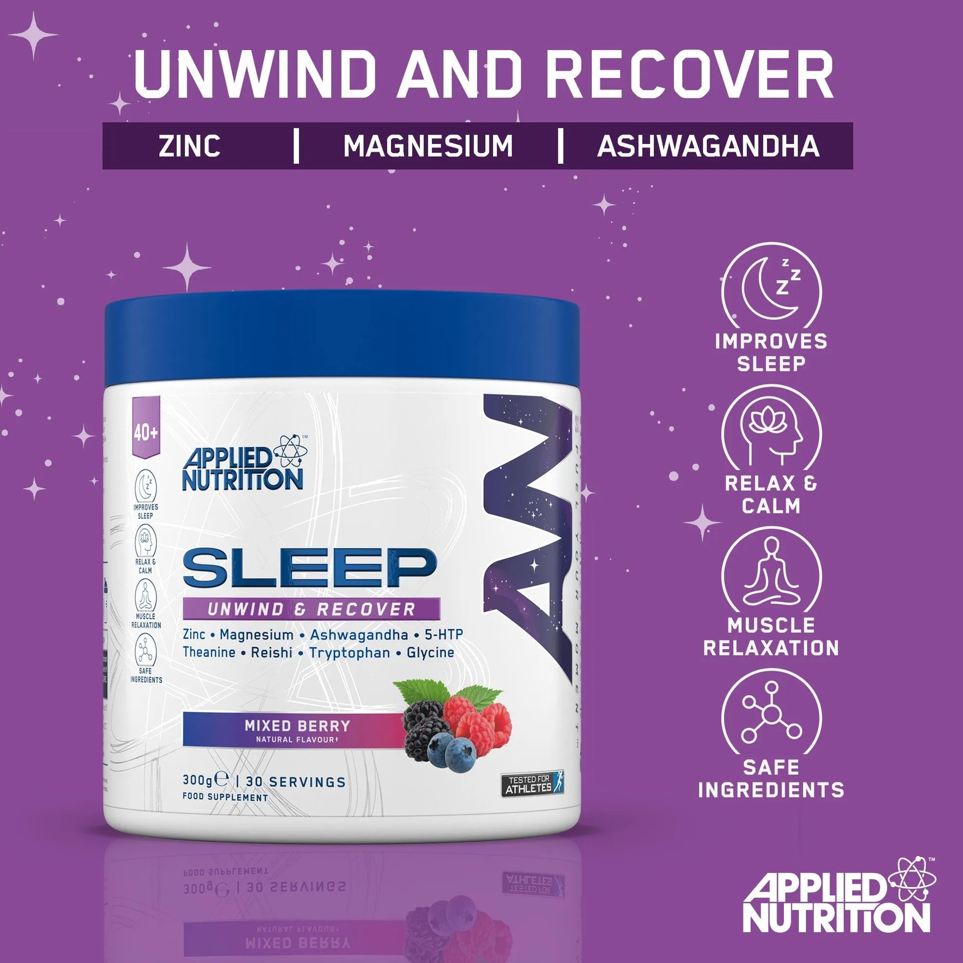 Applied Nutrition Sleep Support key benefits infographic for relaxation and overnight recovery