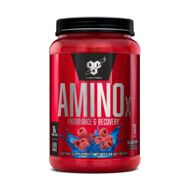 BSN Amino X 70 servings stimulant-free amino acid powder supplement front tub view