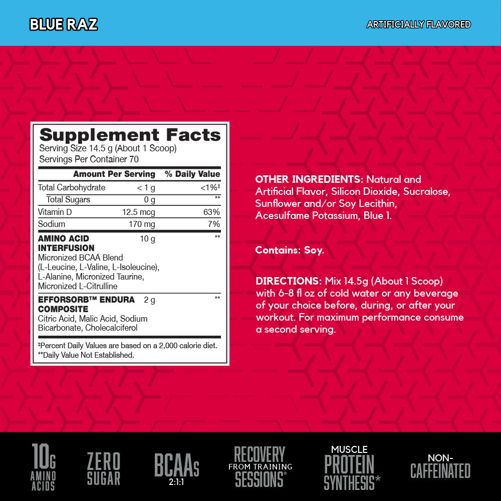 BSN Amino X stimulant-free formula supplement facts label with amino acid blend details