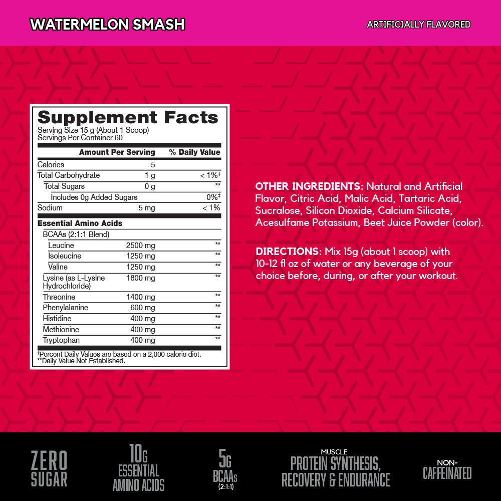 BSN Amino X EAAs supplement facts label showing essential amino acid profile per serving
