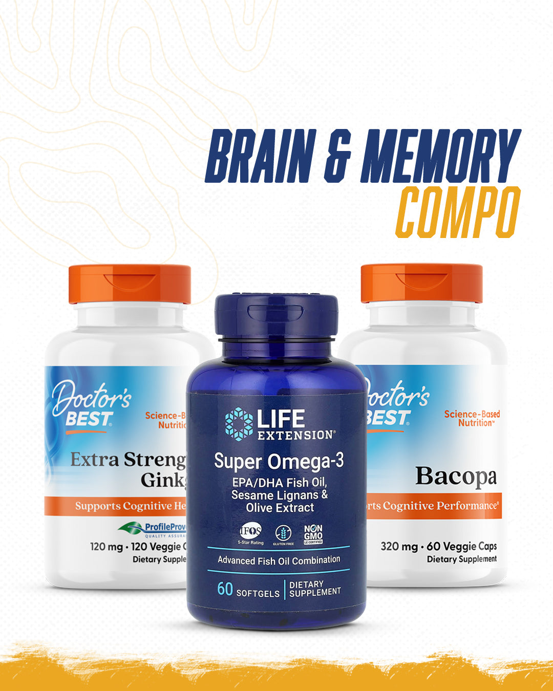 Brain & Memory Stack with Ginkgo, Super Omega-3 and Bacopa for focus, memory and cognition