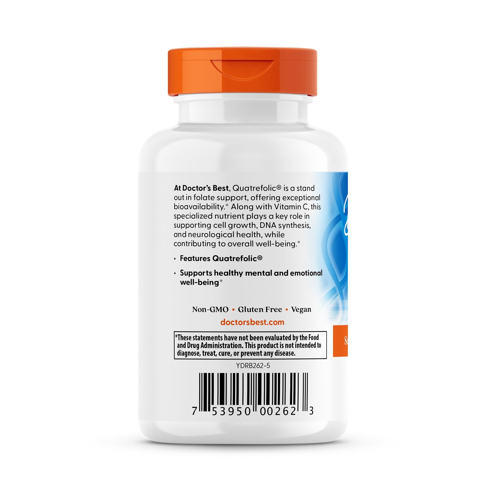Doctor's Best Fully Active Folate 400 with Quatrefolic 90 caps back panel with nutritional info
