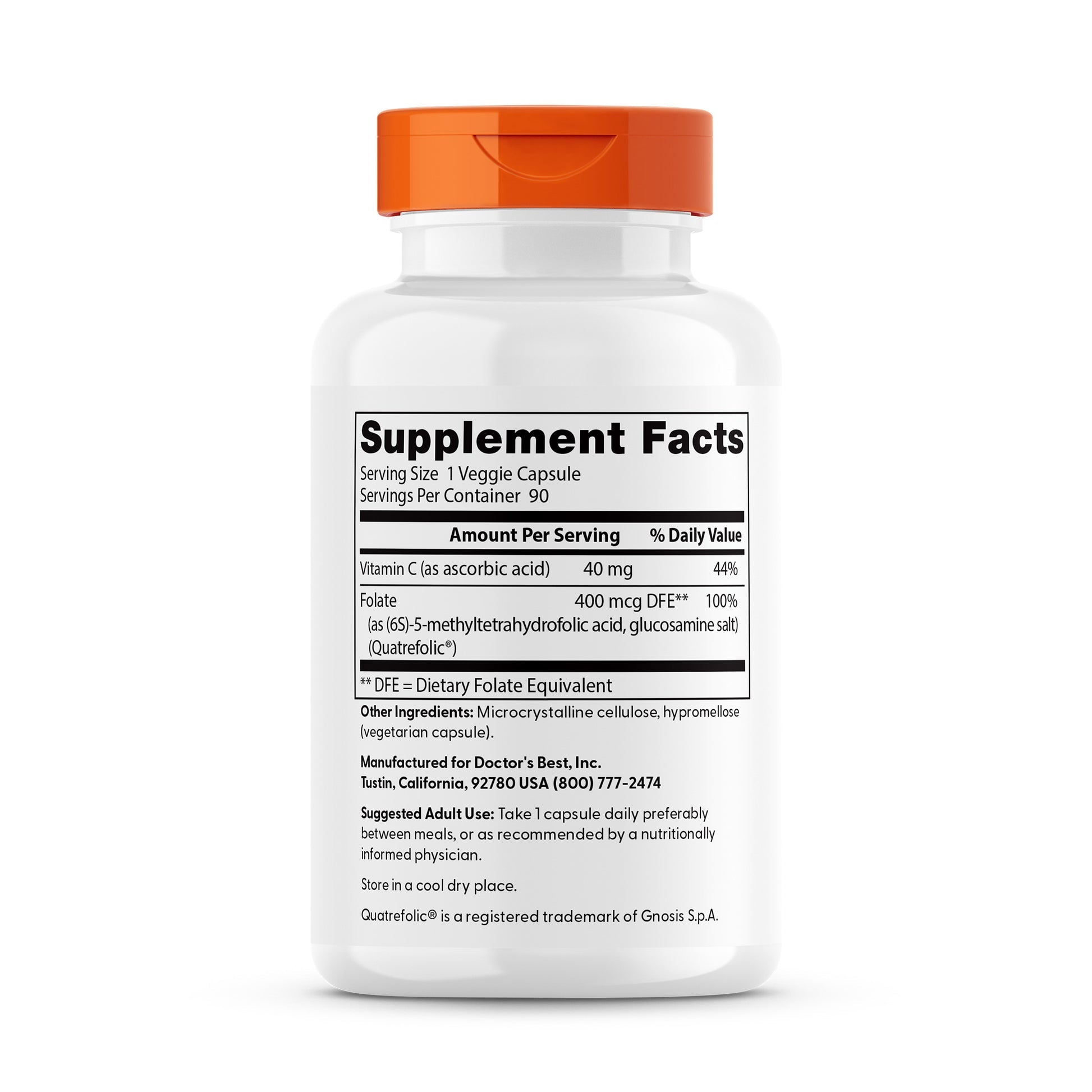 Doctor's Best Fully Active Folate 400 Quatrefolic supplement facts back panel ingredient details
