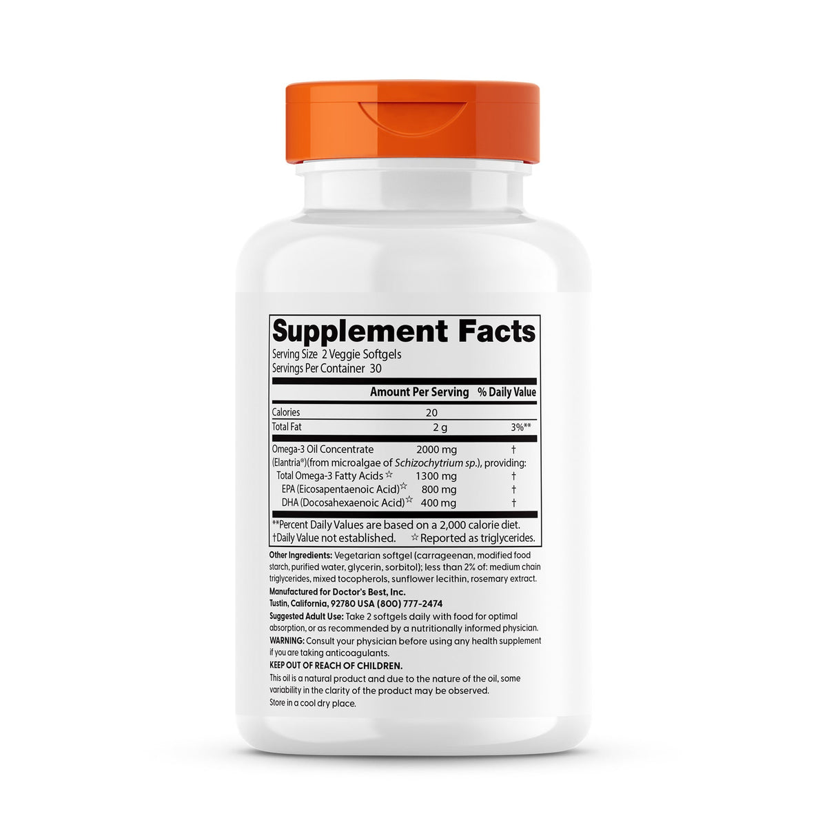 Doctor's Best Vegan Omega-3 supplement facts label showing EPA and DHA content per softgel