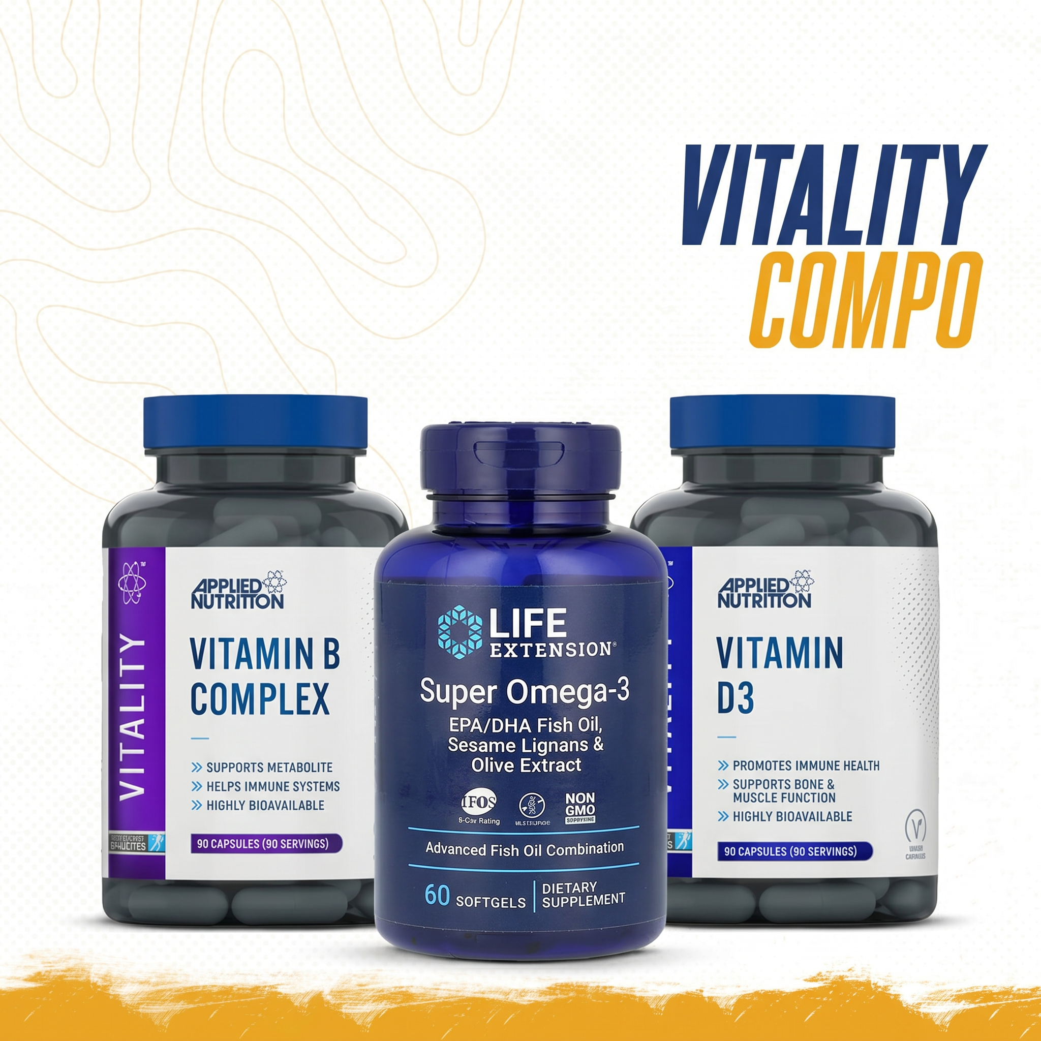 Vitality Stack with Vitamin B Complex, Super Omega-3 and Vitamin D3 for daily energy, immunity and wellness
