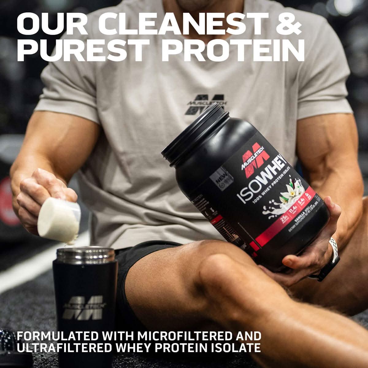 MuscleTech 100% ISO Whey purest protein isolate 2lb detail view with ingredient highlights