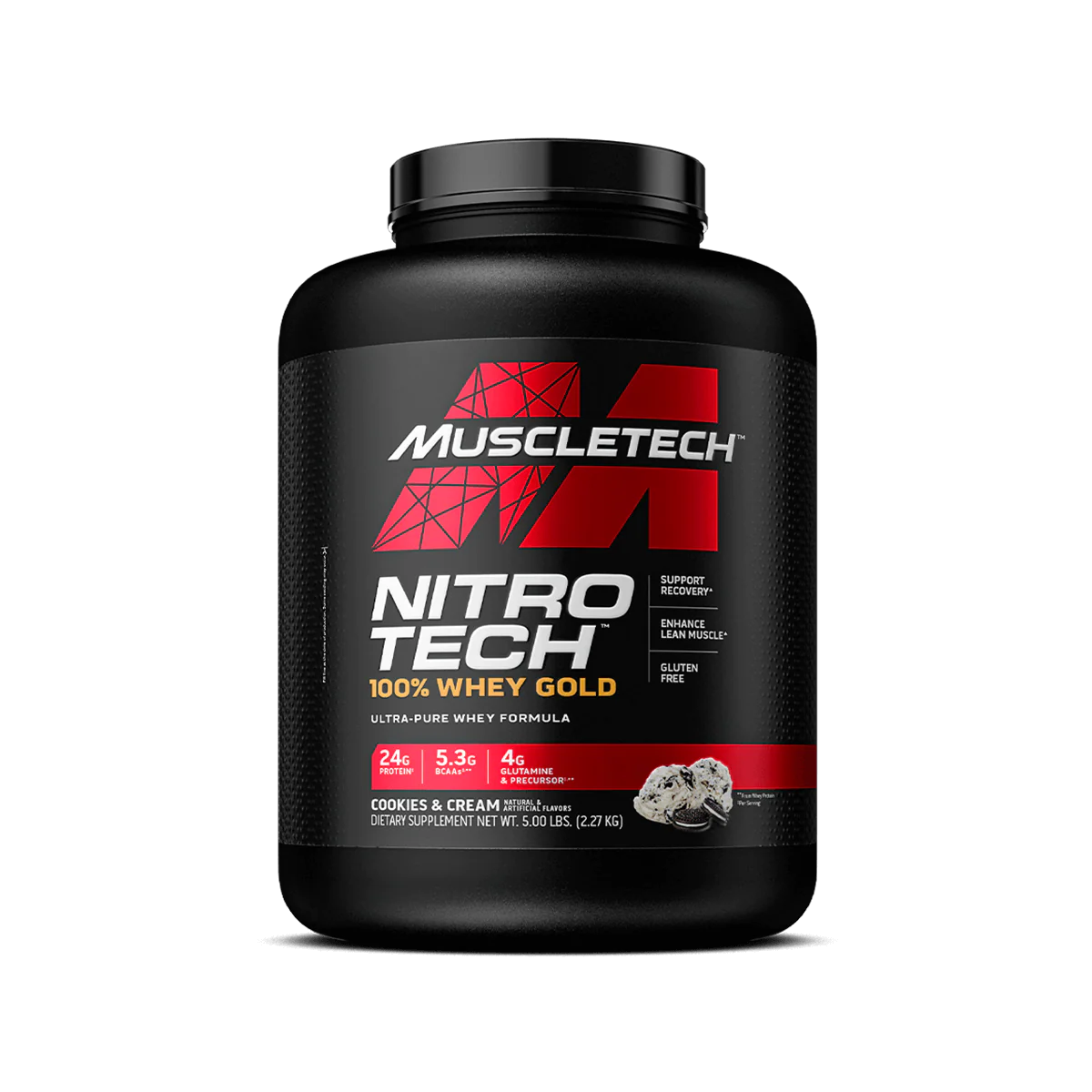 MuscleTech Nitro Tech 100% Whey Gold cookies and cream 5lb protein powder product view