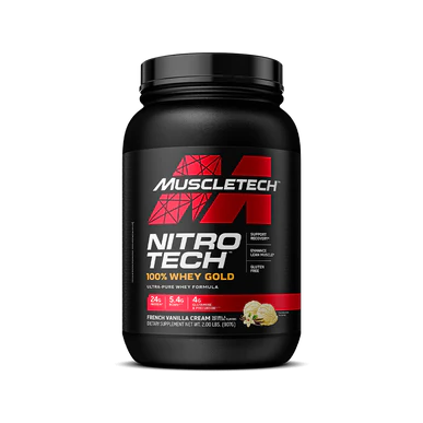 MuscleTech Nitro Tech 100% Whey Gold French vanilla 2lb protein supplement angled view
