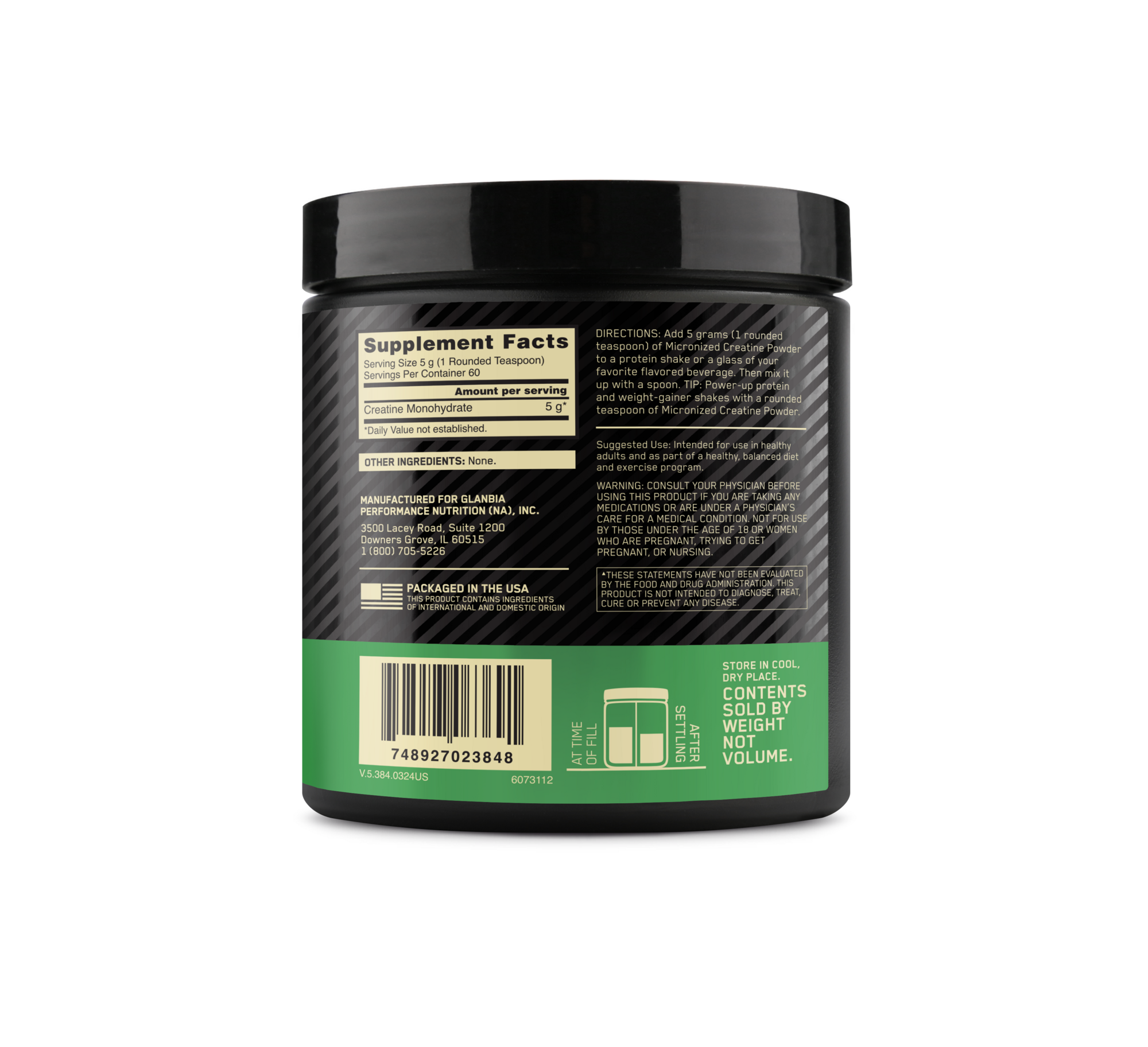 Optimum Nutrition Micronized Creatine Powder 300g side view showing serving and usage details