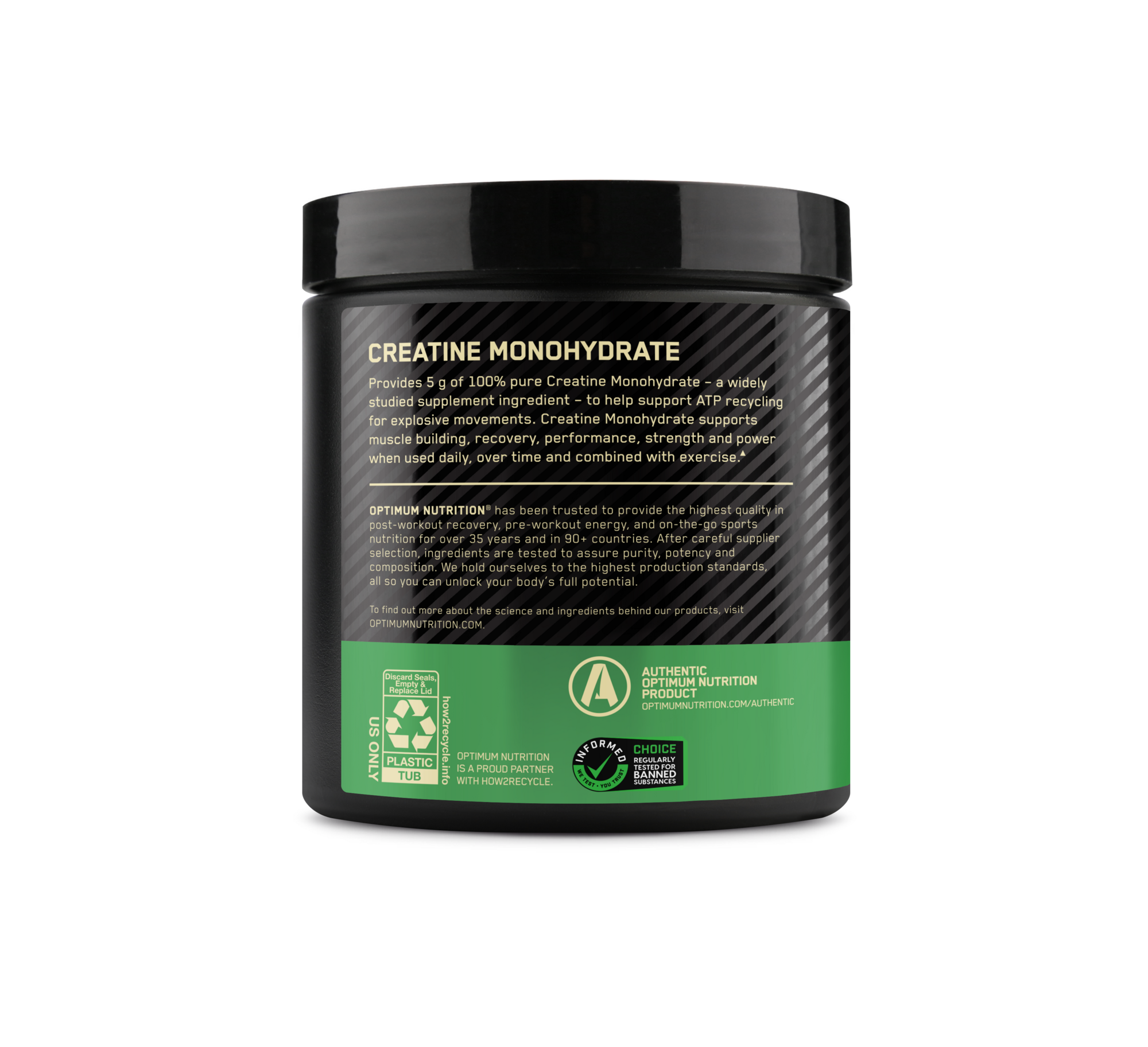 Optimum Nutrition Creatine Monohydrate 300g back panel with directions and supplement facts