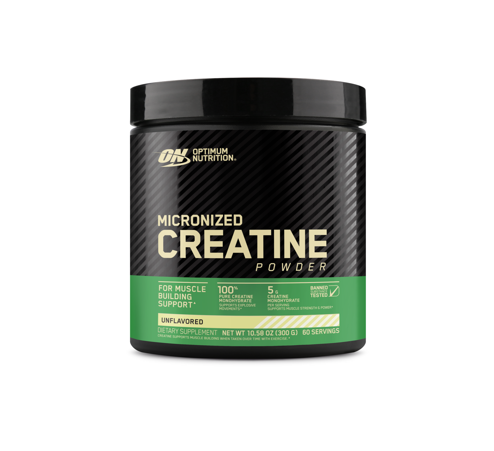 Optimum Nutrition Micronized Creatine Powder unflavored 300g front view supplement container