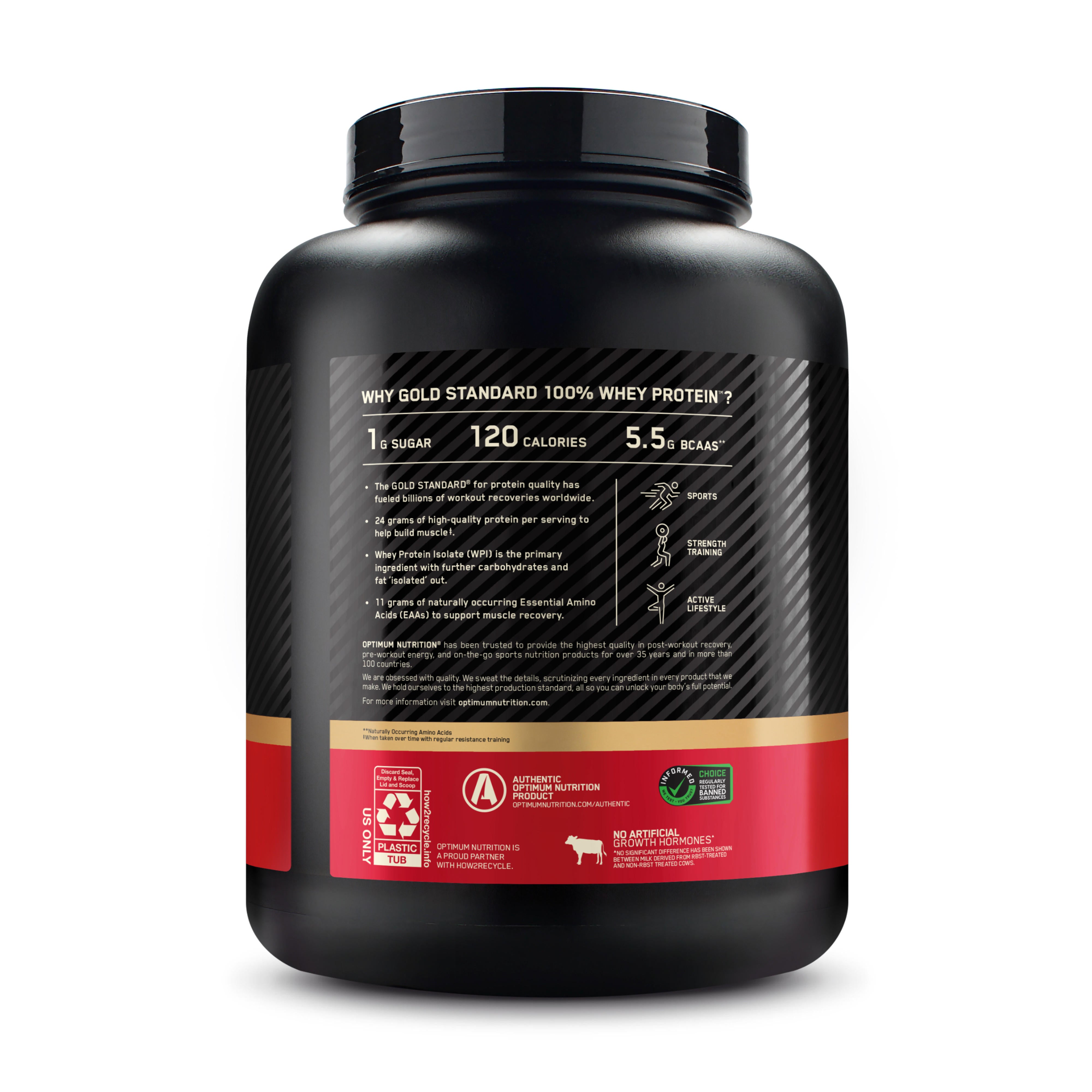 Optimum Nutrition 100% Whey Gold 5lb back panel with ingredient and usage details