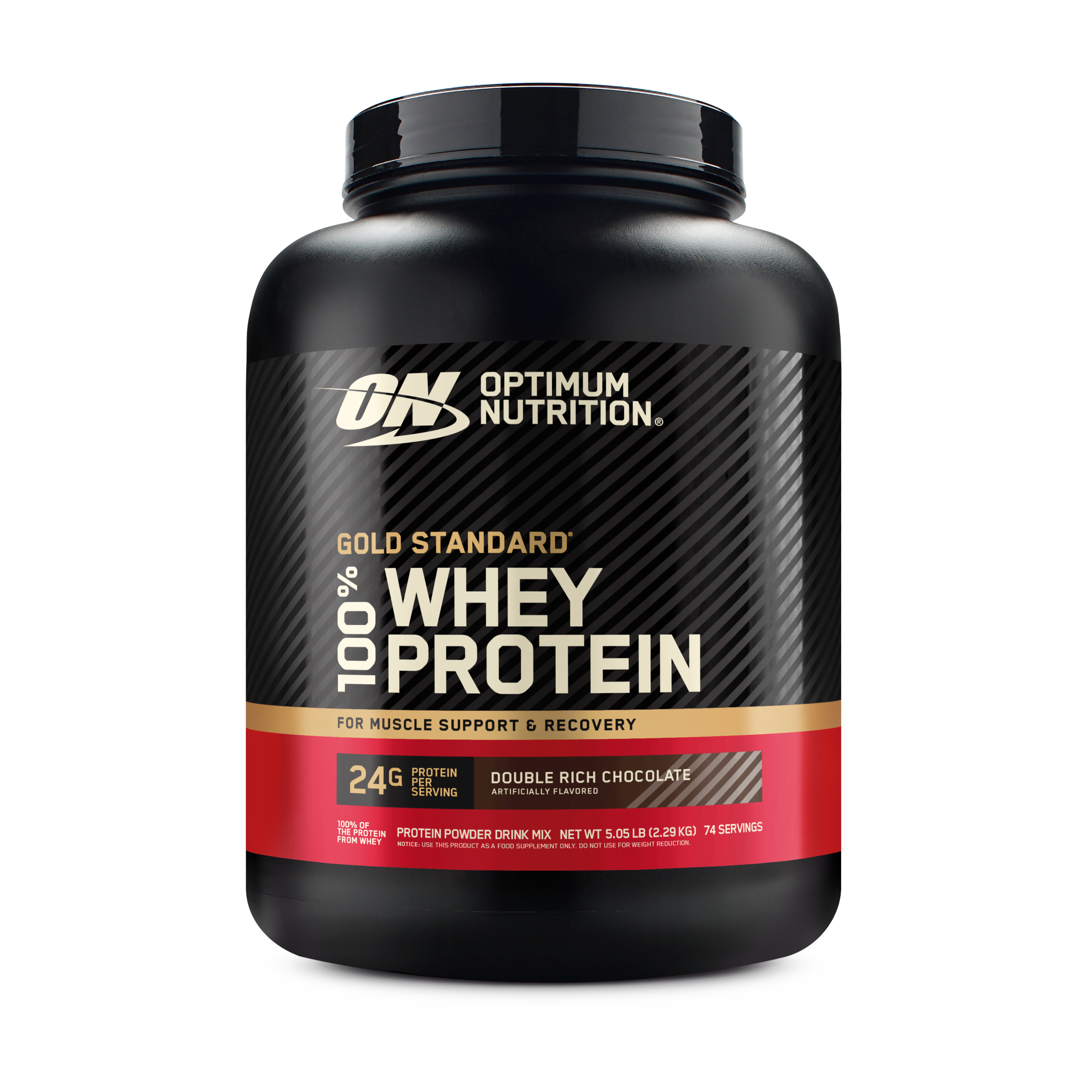 Optimum Nutrition 100% Whey Gold Standard 5lb container showing protein content callouts
