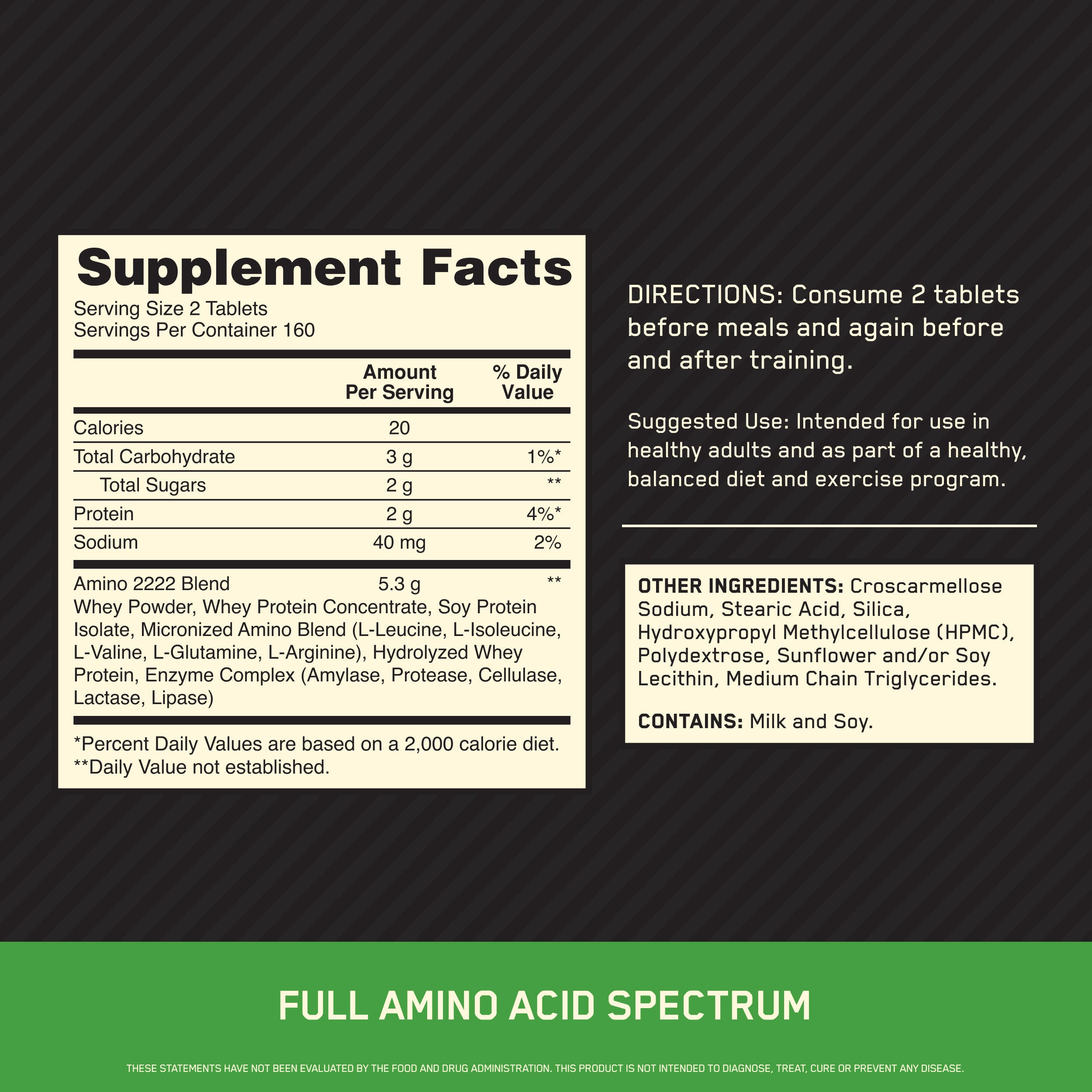 Optimum Nutrition Superior Amino 2222 supplement label showing full amino acid profile details