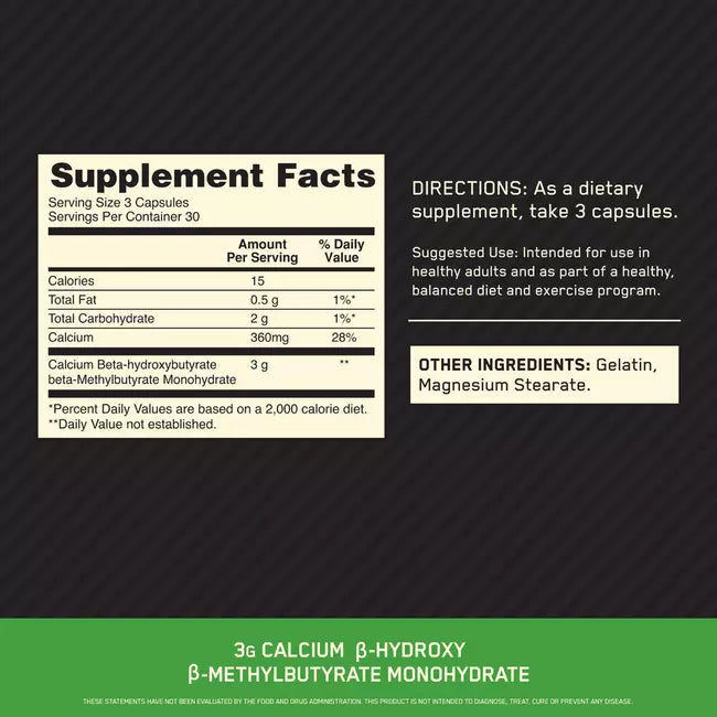 Optimum Nutrition HMB supplement facts label showing beta-hydroxy beta-methylbutyrate dosage