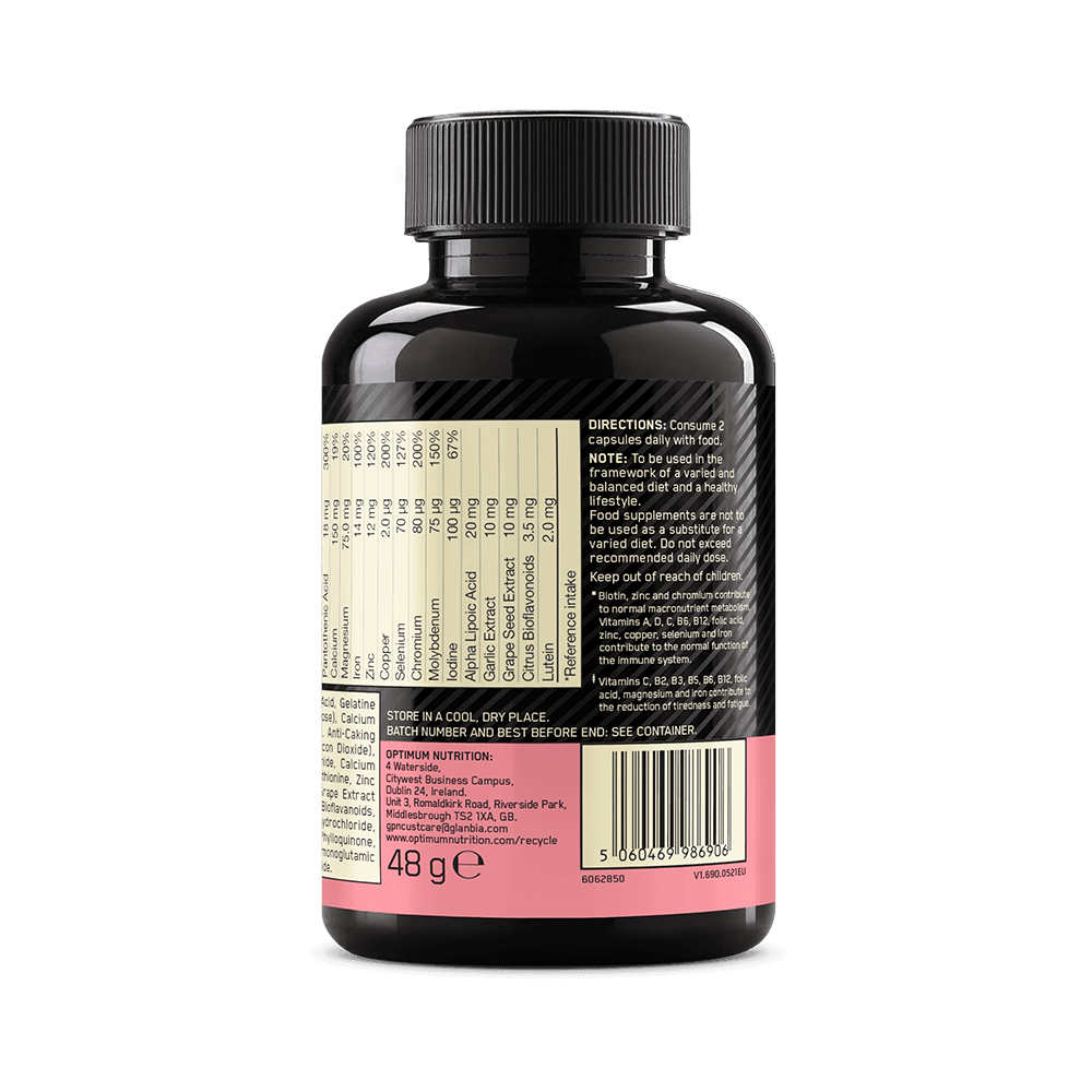 Optimum Nutrition Opti-Women 120 caps womens multivitamin back panel ingredient details