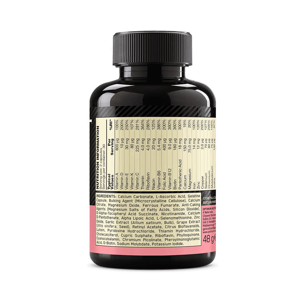 Optimum Nutrition Opti-Women supplement facts label showing complete women's vitamin formula